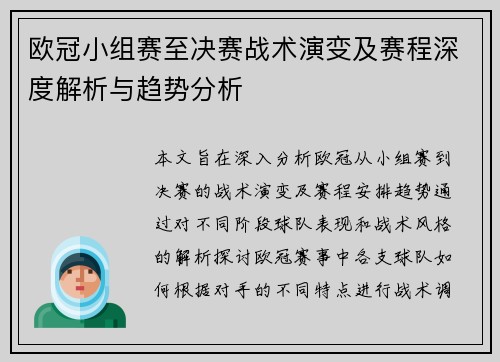 欧冠小组赛至决赛战术演变及赛程深度解析与趋势分析