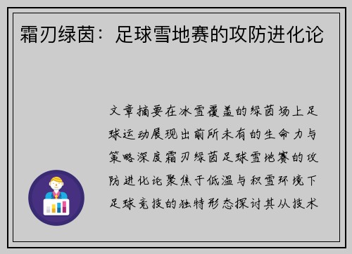 霜刃绿茵：足球雪地赛的攻防进化论